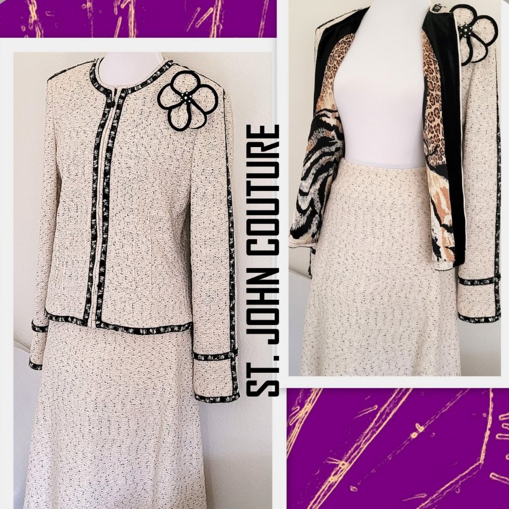 St. John COUTURE Skirt Suit Embellished Trim Designer Jacket Skirt